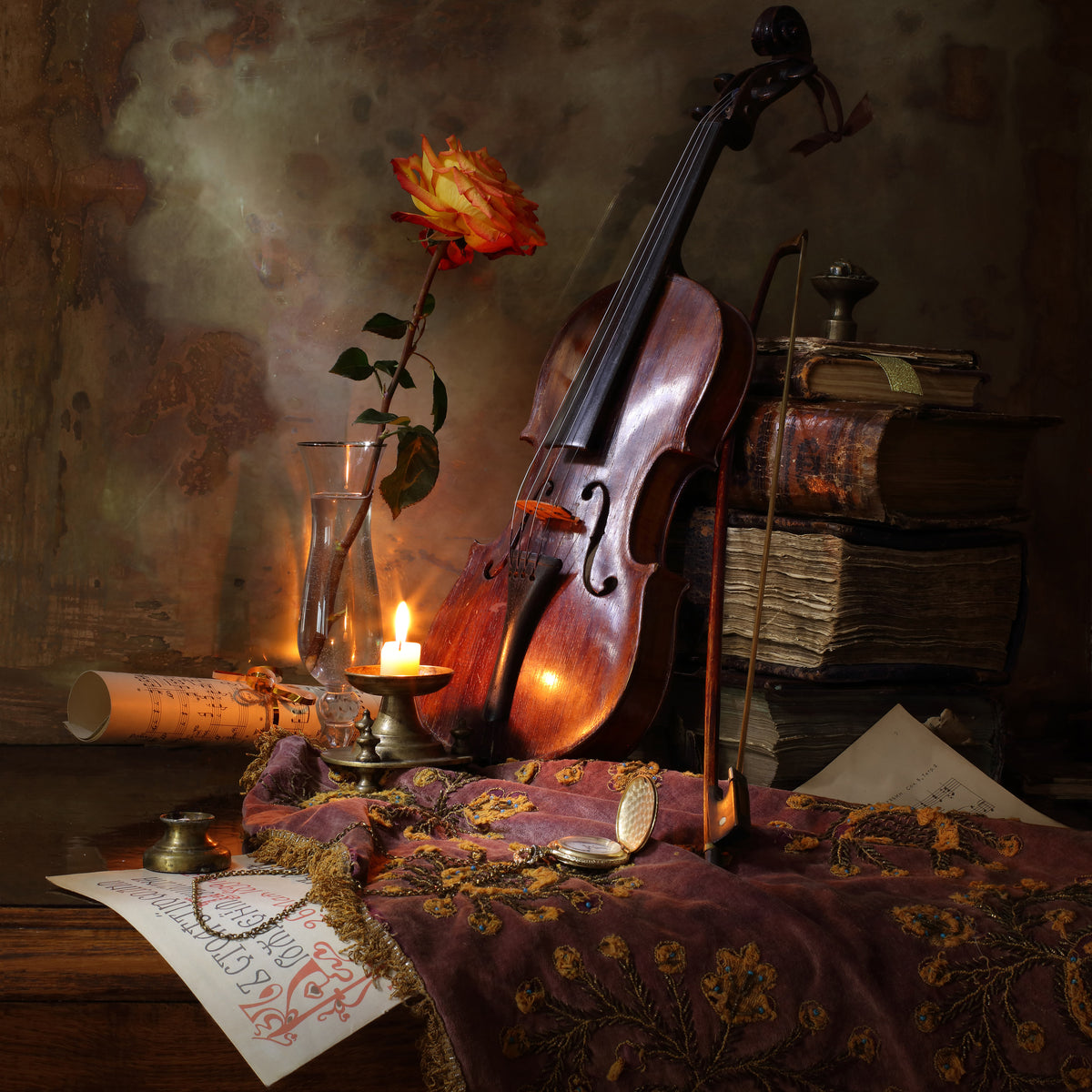 4-piece-aluminium-print-still-life-with-violin-and-rose